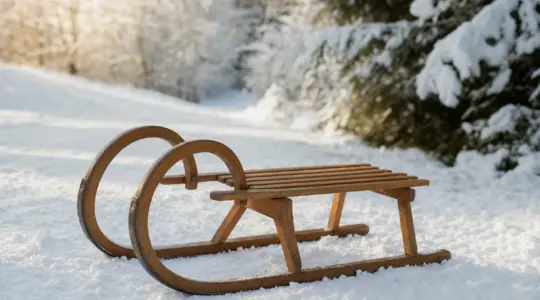 Ein klassischer hölzerner Kinderschlitten auf einer verschneiten Fläche im Freien