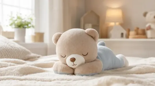 Ein weiches Plüsch-Schlummertier in Form eines niedlichen Bären in zarten Farben auf einer kuscheligen hellen Decke in einem gemütlichen Kinderzimmer bei sanftem Licht