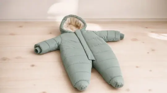 Warm gefütterter Baby-Schneeanzug als Einteiler mit Kapuze in freundlicher Farbe auf einem hellen Holzboden