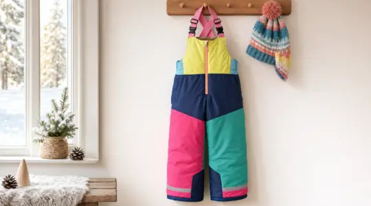 Eine bunte wattierte Kinder-Schneehose an einem Haken neben einer Wintermütze