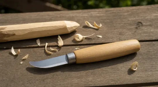Ein kindgerechtes Schnitzmesser mit Holzgriff liegt neben Holzspänen auf einem Tisch