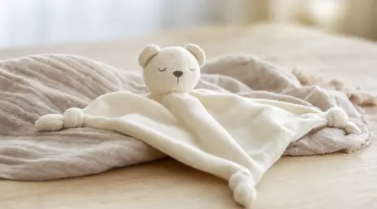 Weiches Baby-Schnuffeltuch aus Stoff in Creme mit kleinem angenähtem Bären-Kopf und Knoten an den Ecken auf einem hellen Holztisch