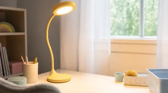 Eine moderne biegsame Schreibtischlampe auf einem aufgeräumten Kinderschreibtisch
