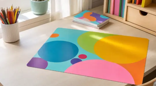 Eine bunte Schreibtischunterlage liegt auf einem Schreibtisch bereit