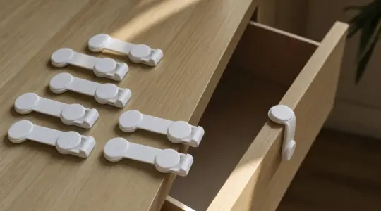 Mehrere Schubladensicherungen aus Kunststoff liegen auf einer hellen Fläche