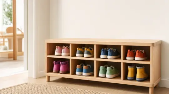 Ein niedriges hölzernes Schuhregal für Kinder mit mehreren Fächern und bunten Kinderschuhen