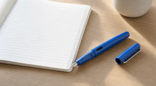 Ein ergonomischer Schulfüller mit griffiger Mulde liegt aufgeschraubt neben einem Schreibheft auf einem Tisch
