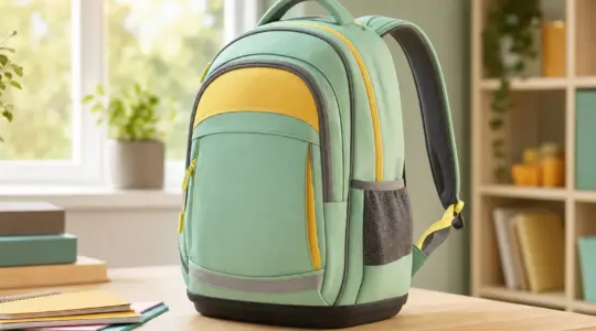 Ein ergonomischer Schulrucksack mit gepolsterten Trägern steht aufrecht und einsatzbereit auf einem hellen Tisch