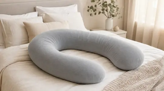Ein großes geschwungenes Schwangerschaftskissen liegt auf einem hellen Bett