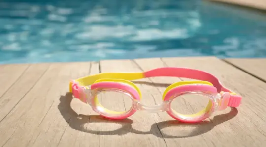 Bunte Kinder-Schwimmbrille mit weichem Dichtungsrand auf einem Holzsteg am Rand eines Schwimmbeckens