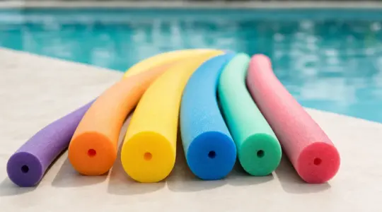 Mehrere bunte Schwimmnudeln in fröhlichen Farben lose nebeneinander am sonnigen Rand eines Pools auf einer hellen Fläche