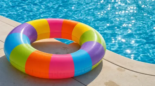 Ein bunter aufblasbarer Schwimmreifen liegt am Rand eines Pools