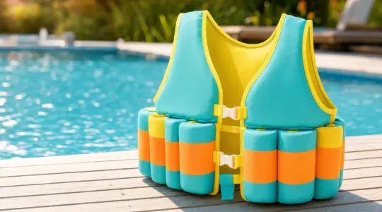 Farbenfrohe Kinder-Schwimmweste mit Schwimmkörpern auf einem Holzsteg am Rand eines Schwimmbeckens