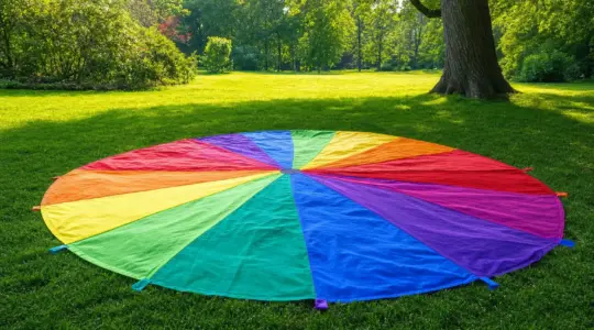 Ein buntes rundes Schwungtuch mit Regenbogensegmenten auf einer Wiese