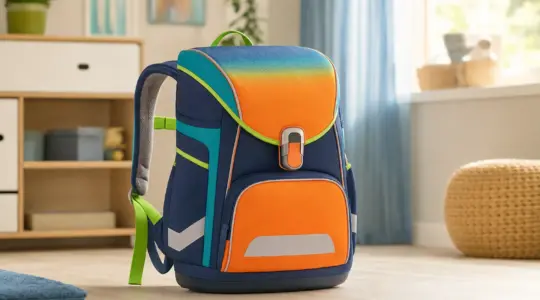 Ein bunter Schulranzen mit gepolsterten Trägern steht aufrecht auf einer hellen Fläche bereit