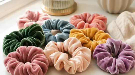 Mehrere bunte, weiche Scrunchies liegen auf einer hellen Fläche bereit