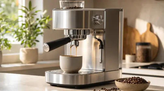 Eine Edelstahl-Siebträgermaschine brüht Espresso in eine kleine Tasse