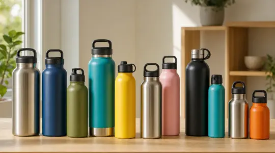 Mehrere bunte robuste Trinkflaschen stehen ordentlich nebeneinander auf einem hellen Tisch bereit