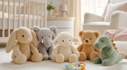 Mehrere weiche Kuscheltiere und ein Greifling für Babys liegen auf einer hellen Fläche bereit
