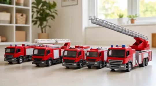 Mehrere Modell-Feuerwehrautos aus Metall, teils mit Drehleiter, stehen auf einer hellen Fläche bereit