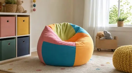 Ein bunter weicher Sitzsack für Kinder in einer gemütlichen Kinderzimmerecke