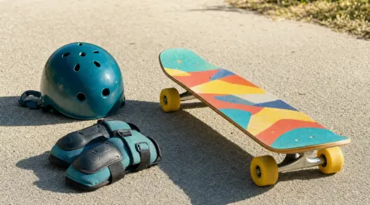 Ein buntes Kinder-Skateboard mit Helm und Schonern auf einer asphaltierten Fläche