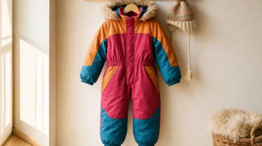 Ein bunter warmer einteiliger Schneeanzug für Kinder mit Kapuze hängt an einem Kleiderbügel