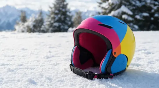 Ein bunter Kinder-Skihelm auf einer verschneiten Fläche im Freien