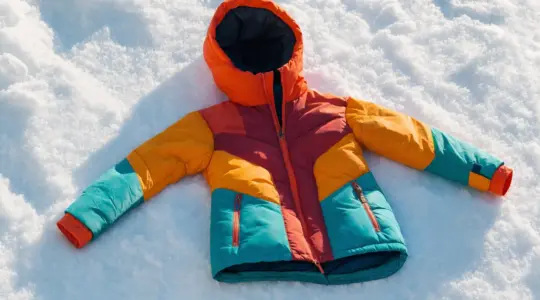 Eine bunte warme Kinder-Skijacke mit Kapuze auf einer verschneiten Fläche im Freien