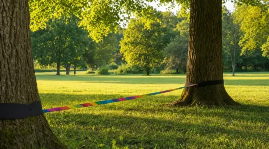 Eine bunte Slackline niedrig zwischen zwei Bäumen in einem sonnigen Park
