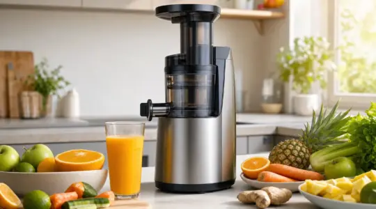 Ein Slow Juicer aus Edelstahl mit frischem Saft und Obst auf einer Küchenarbeitsplatte