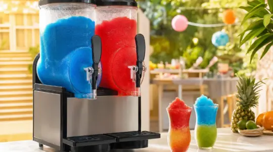 Eine Slush-Eis-Maschine mit buntem Slush-Eis steht auf einer Theke