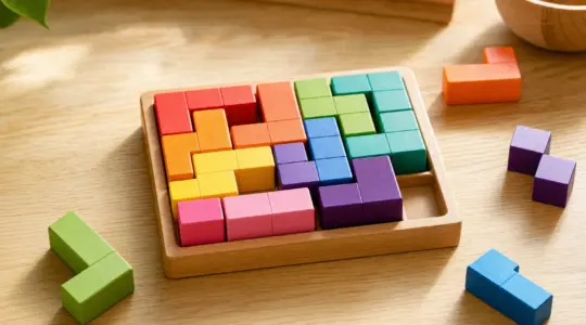 Ein SmartGames Logikspiel mit Spielbrett und bunten Knobel-Teilen liegt aufgebaut und einsatzbereit auf einem hellen Tisch