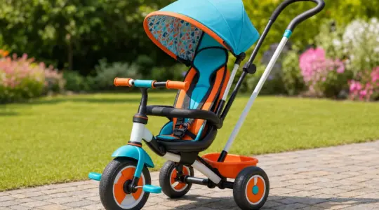 Ein mitwachsendes Dreirad für Kinder mit Schiebestange und Sonnendach steht einsatzbereit auf einem sonnigen Gartenweg