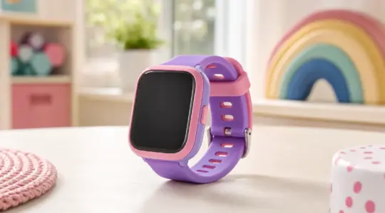 Eine bunte Kinder-Smartwatch liegt auf einer hellen Fläche bereit