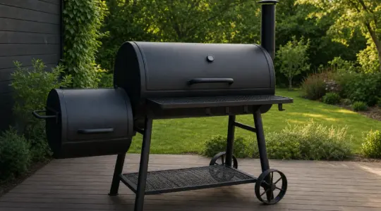 Ein großer schwarzer Smokergrill mit Schornstein steht auf einer Terrasse im Garten