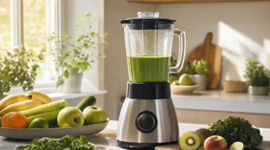 Ein Smoothie-Maker mit grünem Smoothie und frischem Obst auf einer Küchenarbeitsplatte