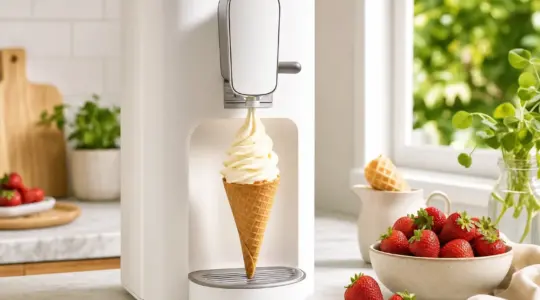 Eine weiße Softeismaschine gibt cremiges Softeis in eine Waffeltüte
