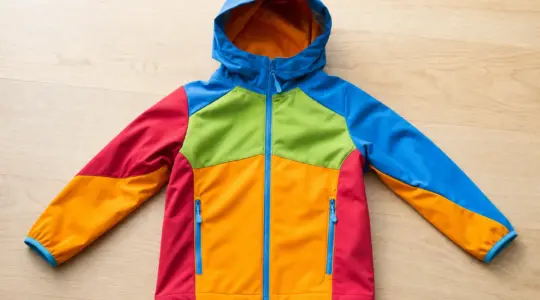 Eine bunte Kinder-Softshelljacke mit Kapuze ausgebreitet auf einer Holzfläche