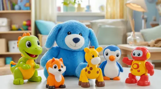 Mehrere bunte Actionfiguren und ein Plüschtier stehen auf einer hellen Fläche bereit
