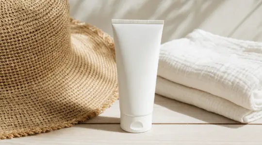 Eine neutrale Tube Sonnencreme steht neben einem Sonnenhut auf einer Holzfläche