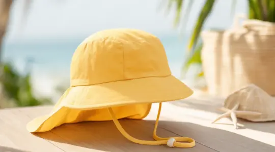 Kinder-Sonnenhut mit breiter Krempe und Nackenschutz aus leichtem Stoff in freundlicher Farbe auf einem hellen Holztisch