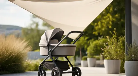 Ein Sonnenschutz-Segel aus hellem Stoff befestigt über einem modernen Kinderwagen, der im Schatten auf einer sonnigen Terrasse steht