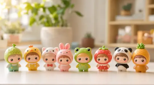 Mehrere kleine niedliche Sammelfiguren stehen aufgereiht auf einer hellen Fläche bereit
