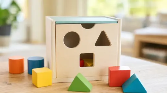 Holz-Sortierspielzeug als bunte Sortierbox mit geometrischen Formen wie Kreis, Dreieck und Quadrat auf einem hellen Holztisch