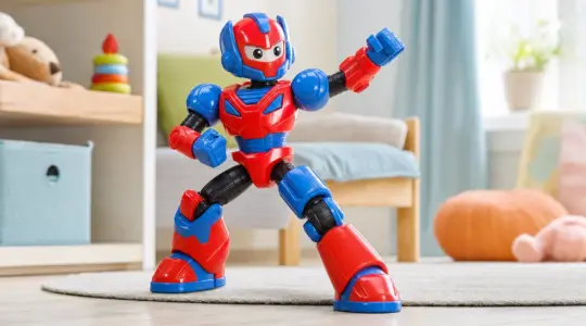 Eine Superhelden-Actionfigur in rot-blauer Farbe steht auf einer hellen Fläche bereit
