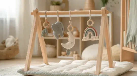Hölzerner Baby-Spielbogen aus Naturholz über einer weichen Krabbeldecke mit hängenden Anhängern in einem hellen Kinderzimmer