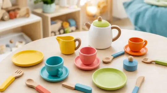 Ein buntes Kinder-Spielgeschirr-Set aus Holz und Kunststoff mit kleinen Tellern, Tassen, Kännchen und Spielbesteck in fröhlichen Farben auf einem hellen Holztisch