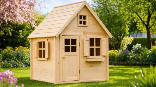Ein freundliches Spielhaus aus Holz mit Fenstern und Tür steht einladend auf einer sonnigen Rasenfläche im Garten