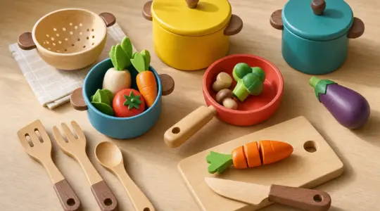 Buntes Spielküchen-Zubehör aus Holz wie Töpfe, Pfanne, Holzgemüse und Besteck